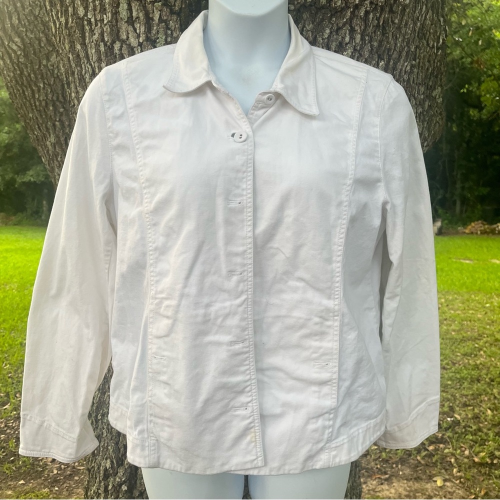 EILEEN FISHER WHITE DENIM JACKET POCKETS XL BUTTONS
